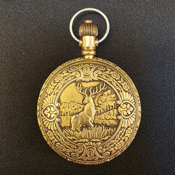 Vintage 70's Sears Roebuck Pocket Watch Stag / Floral Swiss Made - Picture 1 of 13